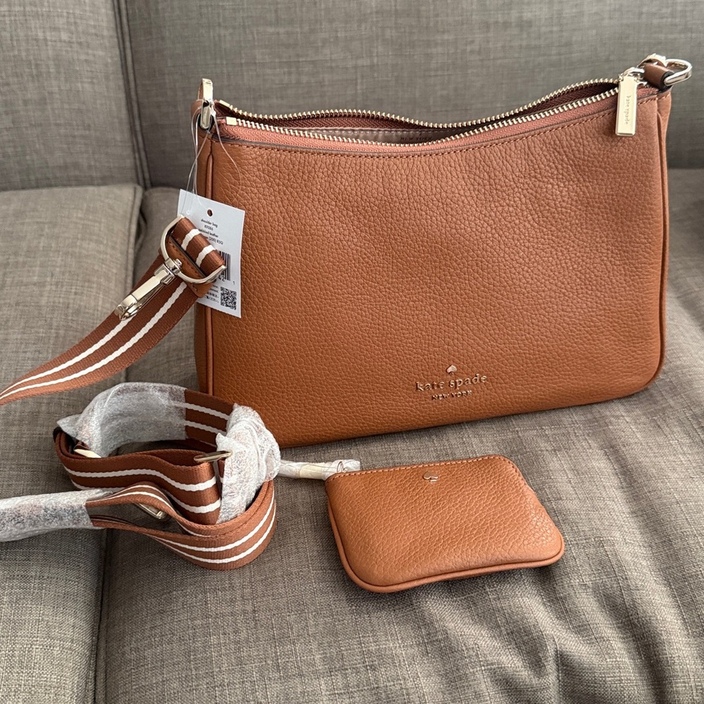 Kate Spade Tan Crossbody Bag with Striped Strap